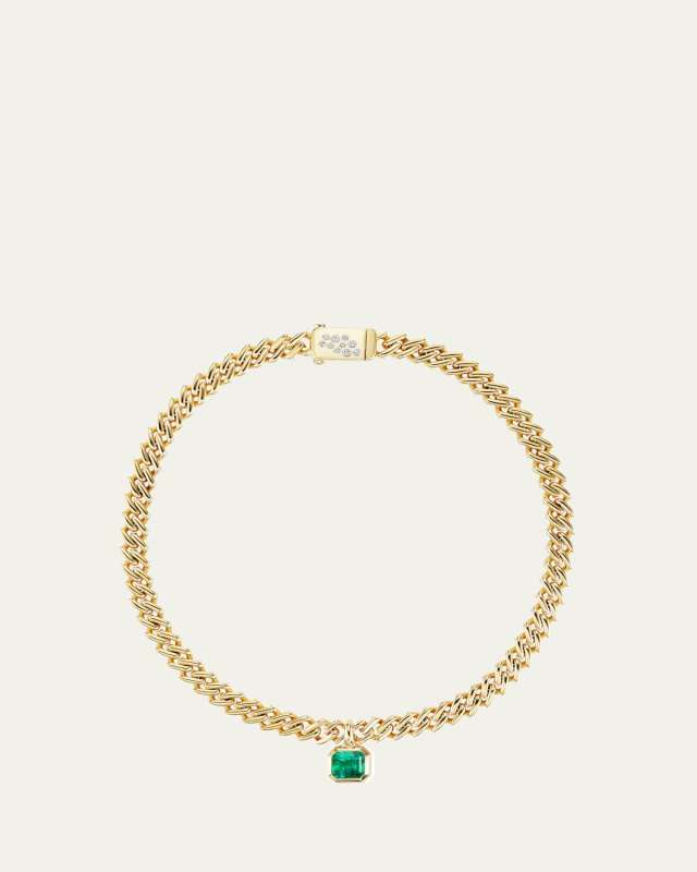 18K Yellow Gold Curb Chain Necklace with Diamonds and Emerald